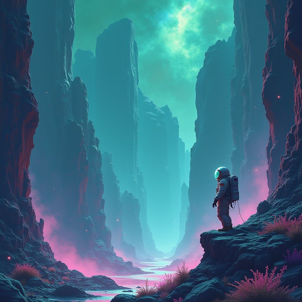 Astronaut Explores Crystalline Canyon on Alien World