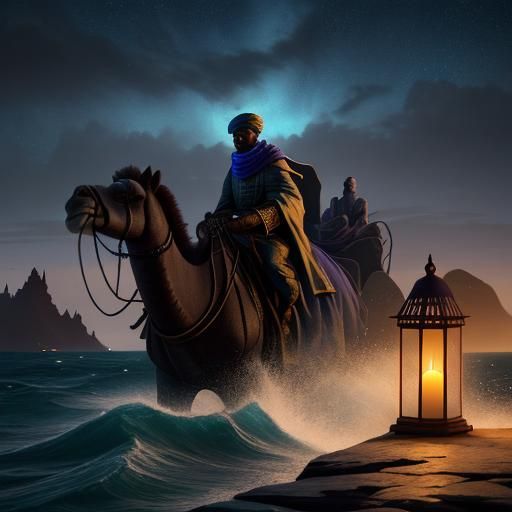 Medieval African Scholar Rides Camel at Night