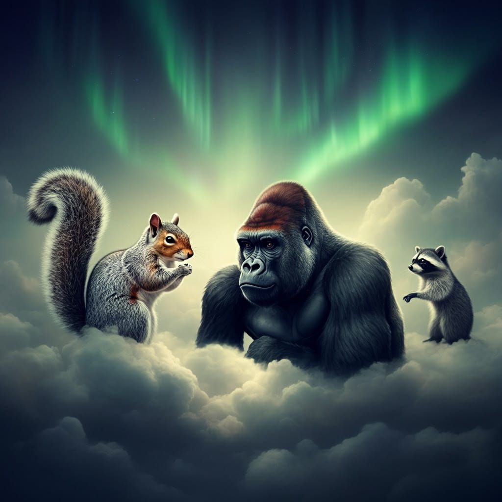 Grey Squirrel, Raccoon, and Gorilla Unite in Ethereal Gather...