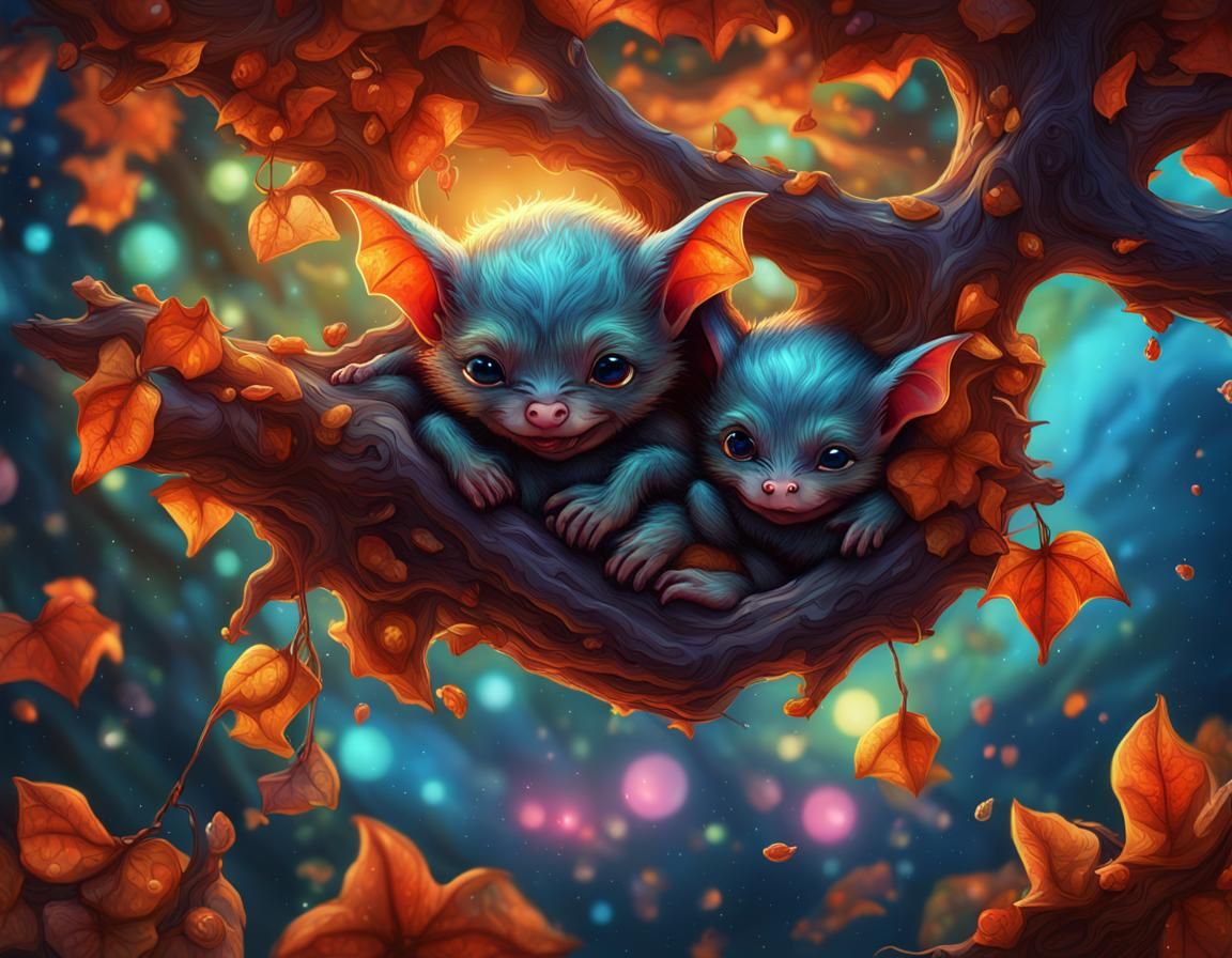 Chibi Vampire Bats in Galaxy Sky, Art Nouveau