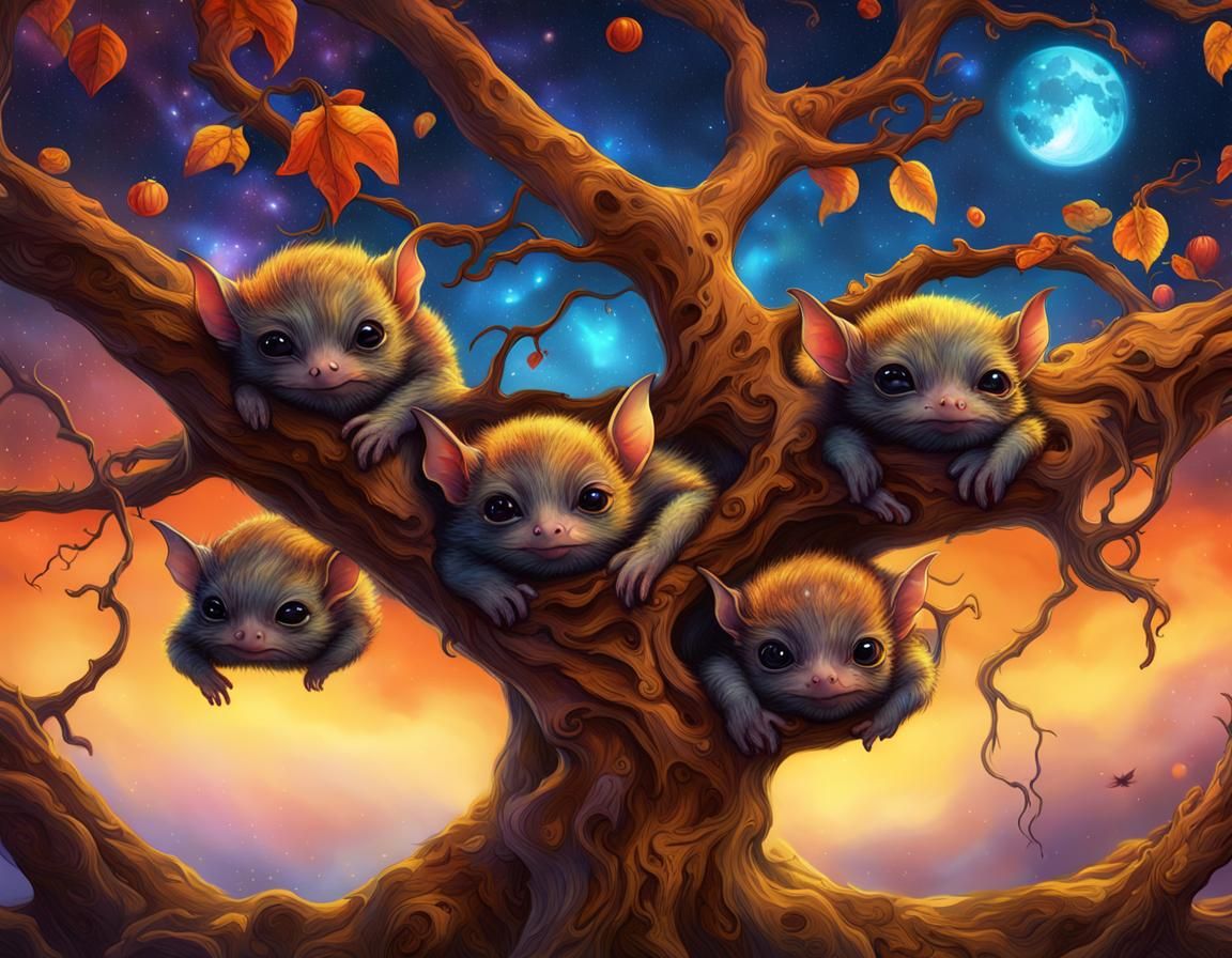 Chibi Vampire Bats in Upside-Down Galaxy Sky