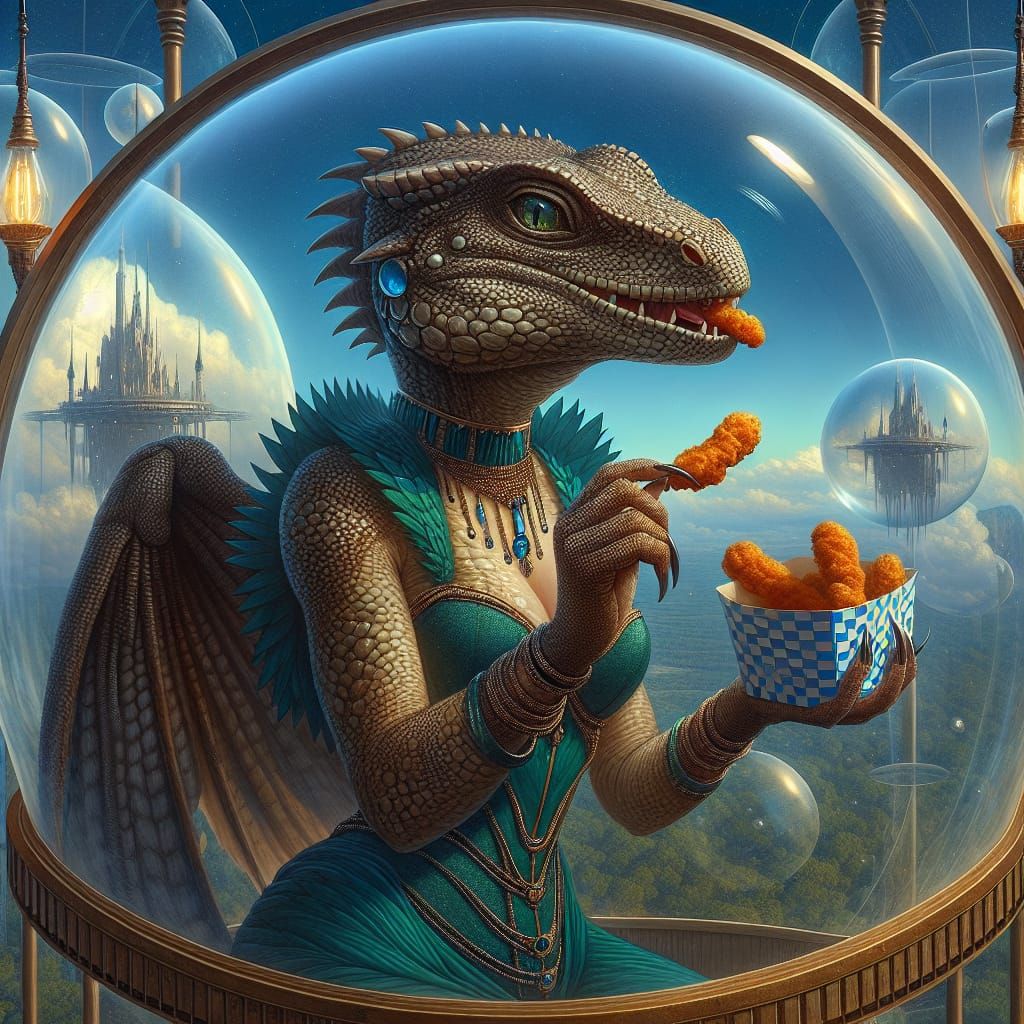 Art deco highly detailed reptile woman in travel bubble eati...