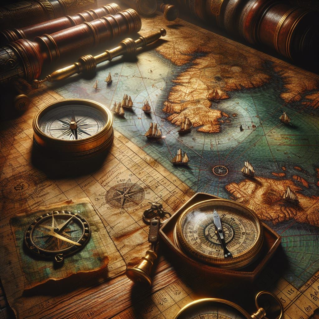 Detailed Sailor's Map with Compass and Spyglass