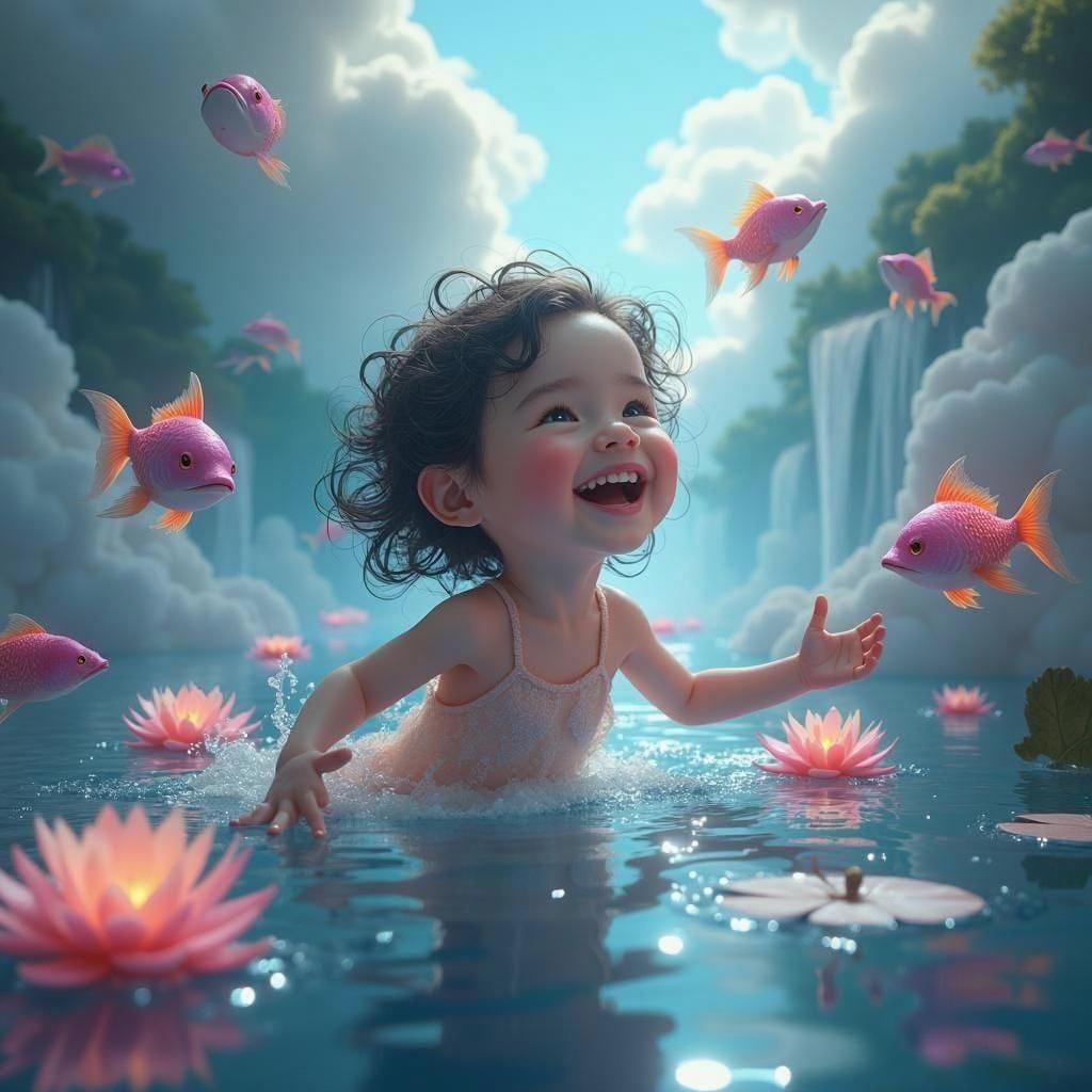 Child Playing With Fishes in Heaven: Fantasy Concept Art