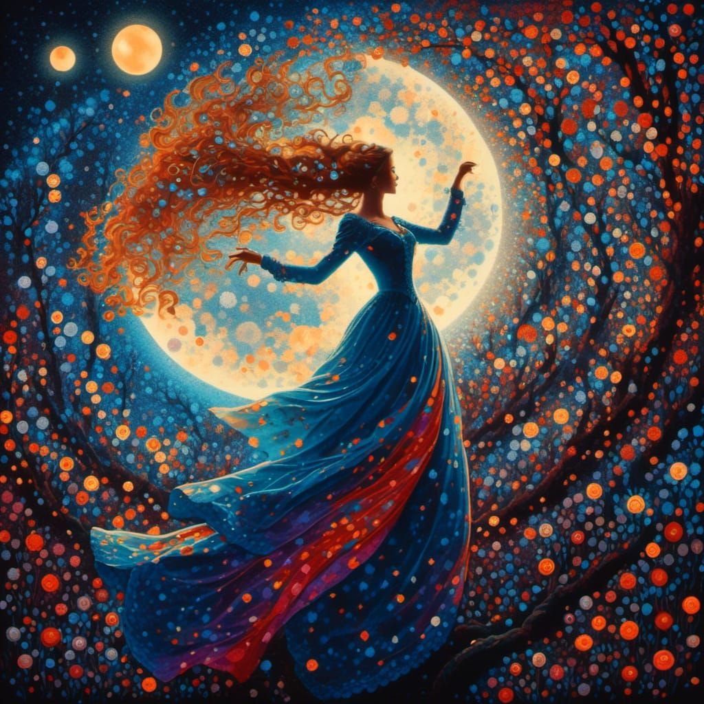Woman Dancing in Moonlit Glade as Pointillist Art