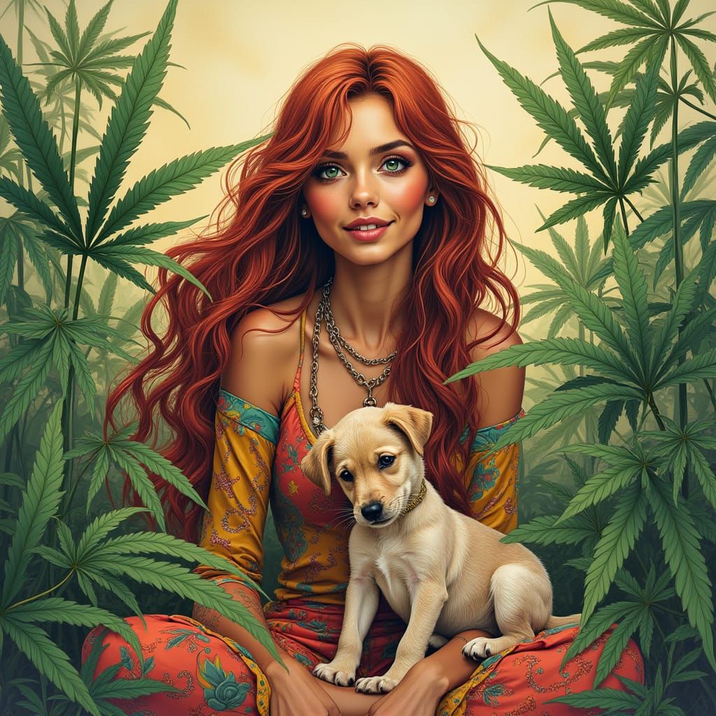 Happy Hippie Woman with Puppy and Marijuana Leaves