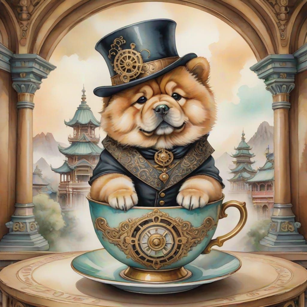 Steampunk Chow Chow Puppy in Teacup Watercolor