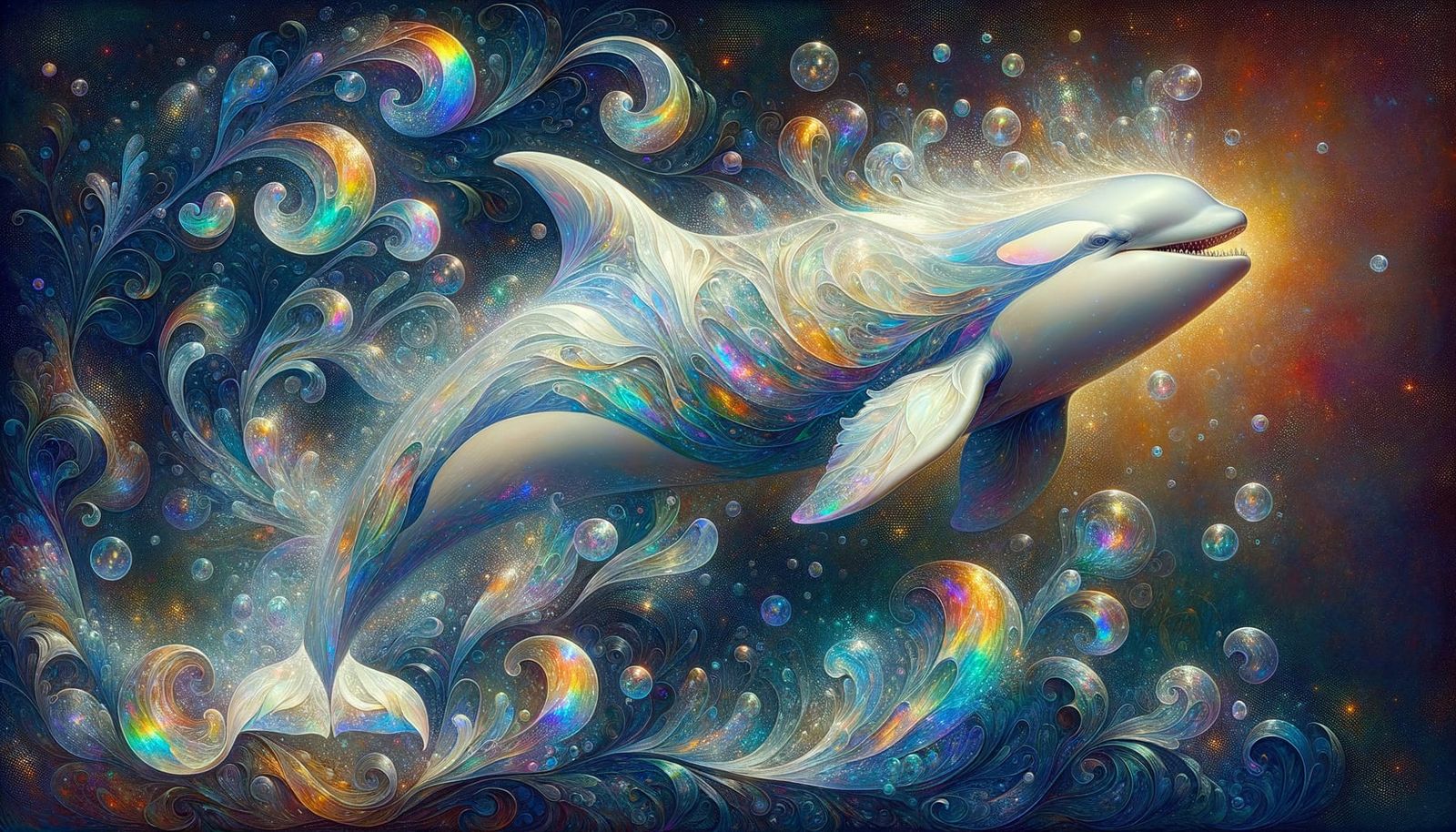 Ethereal Albino Whales Swim in Enchanted Underwater Realm