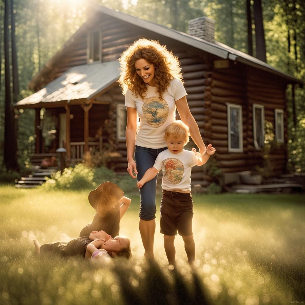 Woman and Child Playing in Sunny Cabin Scene