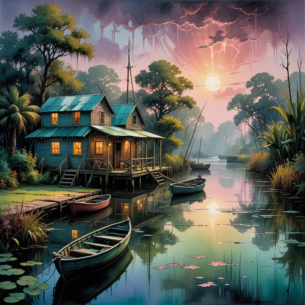 Bayou Fishing Port in Playful Watercolor Style