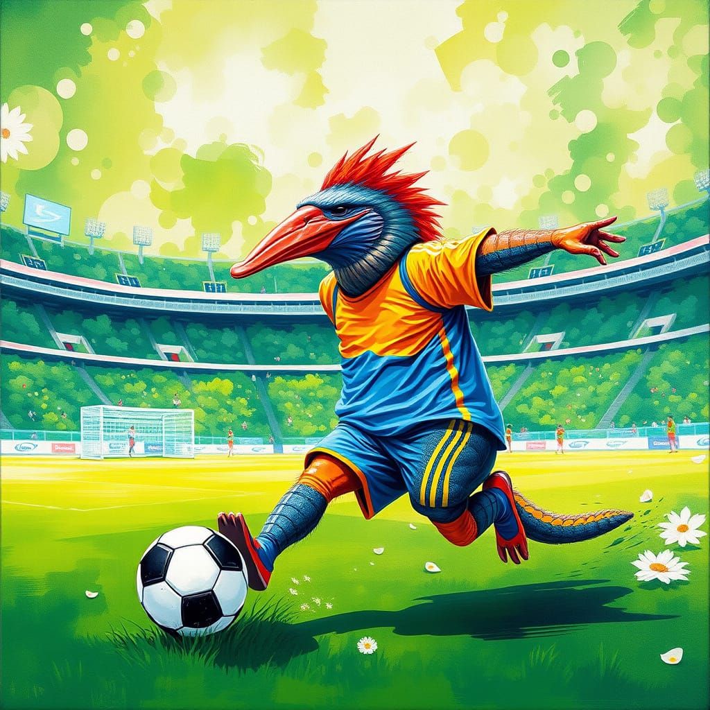 Platypus Kicking Soccer Ball in Impressionist Gouache Style