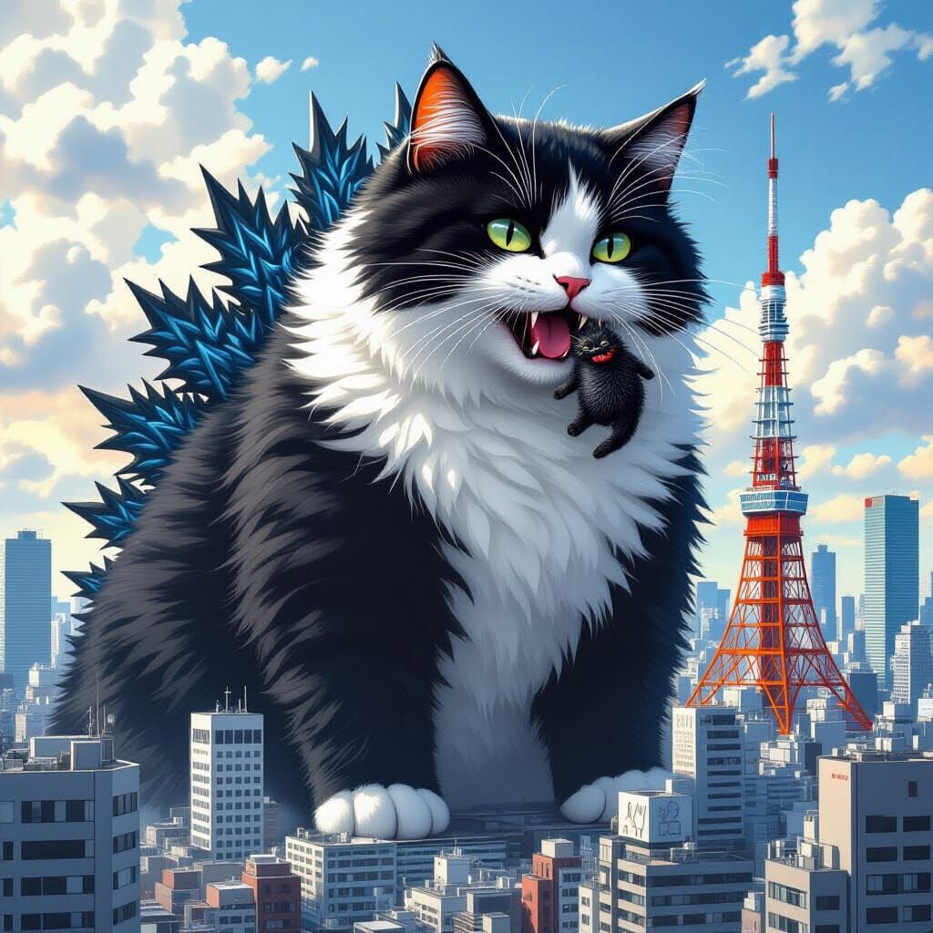 Giant Cat Saves Tokyo From Godzilla
