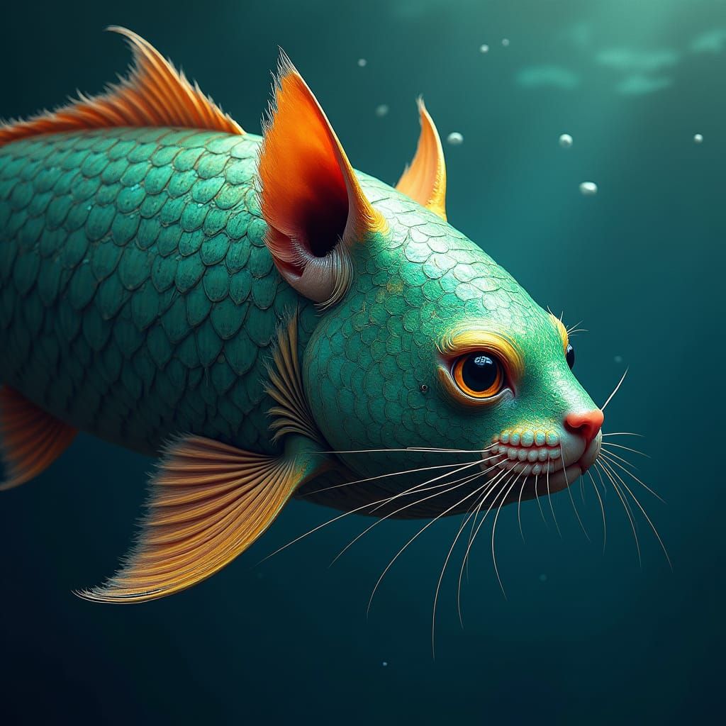 Majestic Turquoise Fish with Regal Feline Head in Dark Ocean...