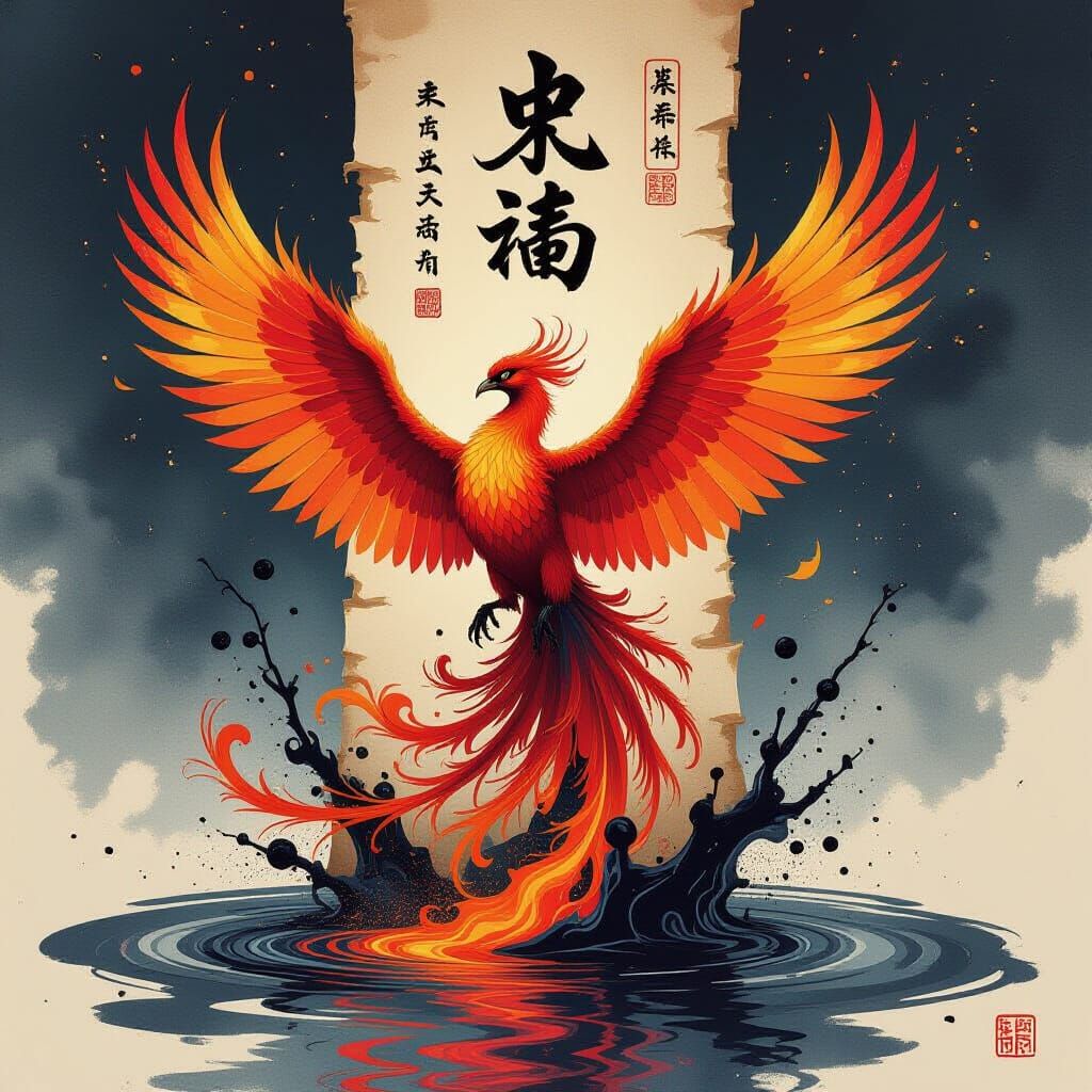 Ink Phoenix Erupts From Calligraphy Pool