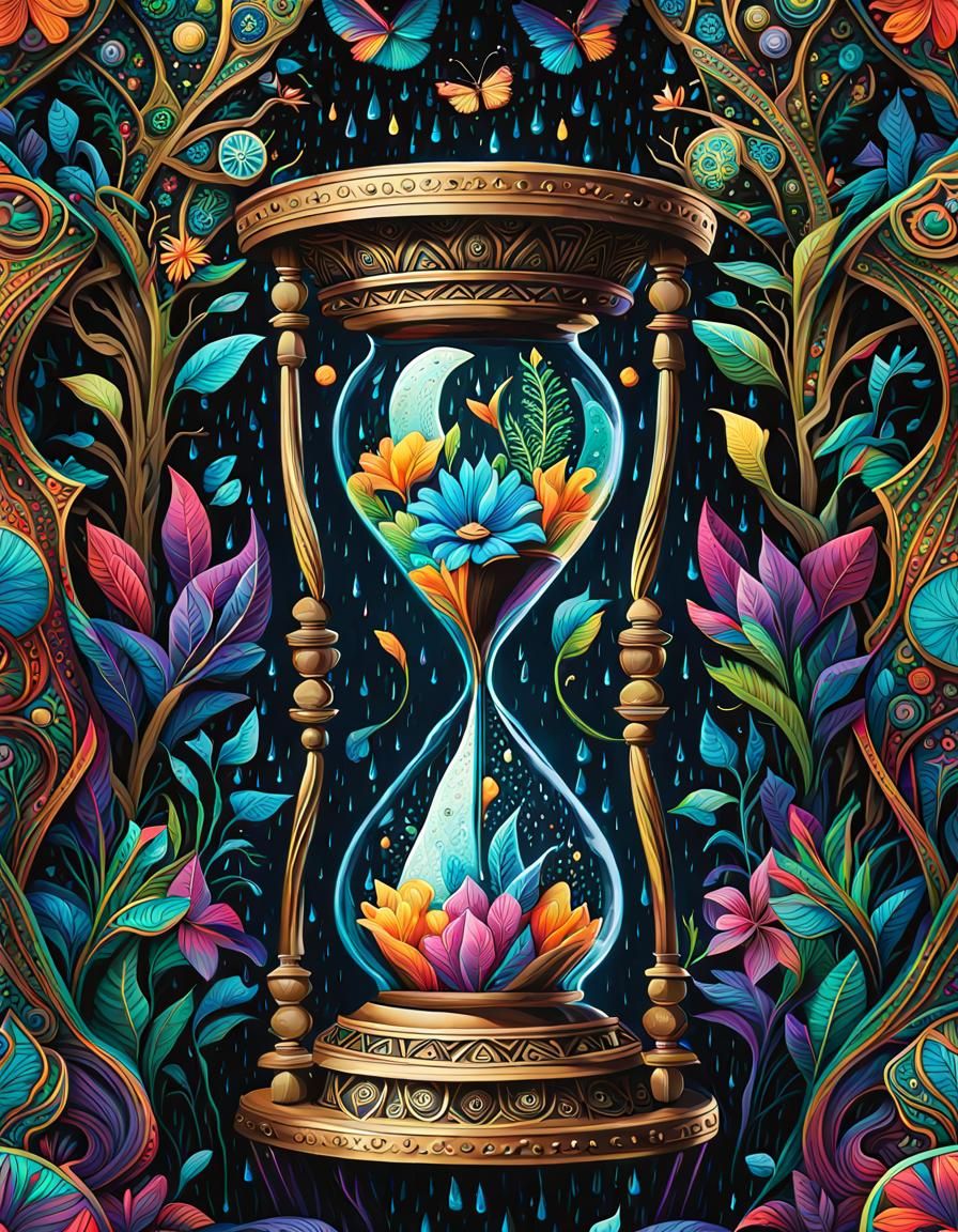 Hourglass and Bioluminescent Flowers in Psychedelic Forest