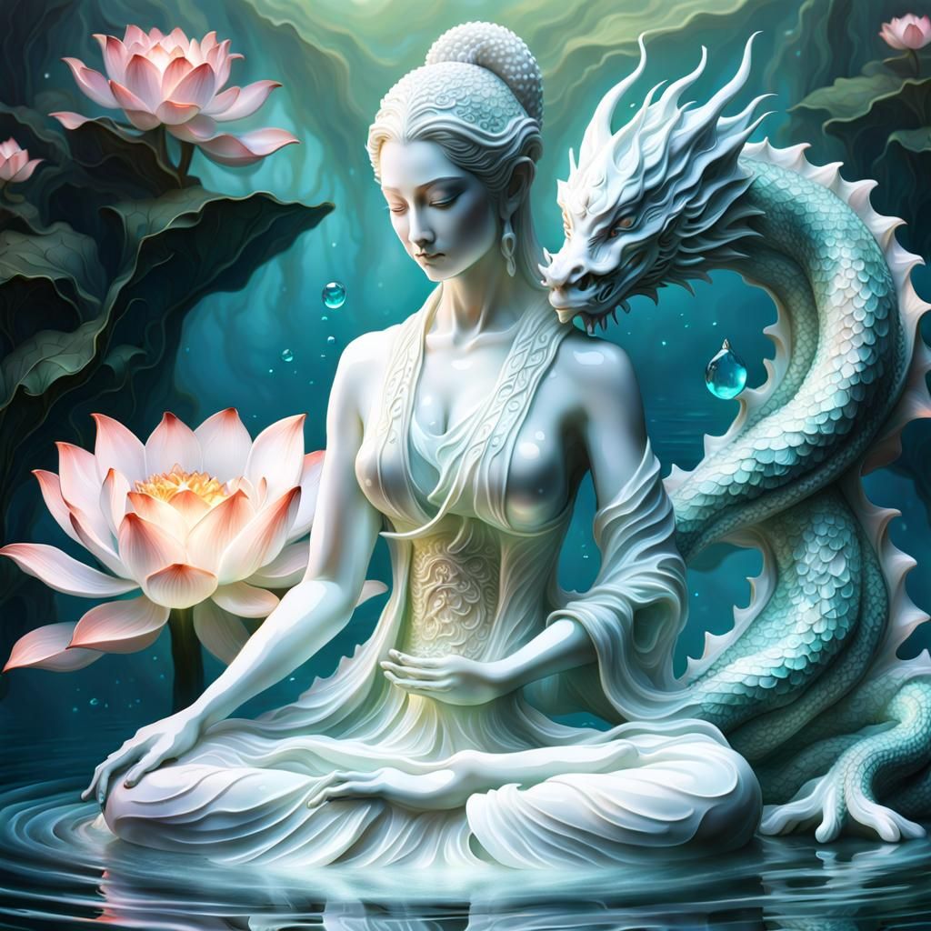 Milk Glass Woman with Dragon in Digital Art