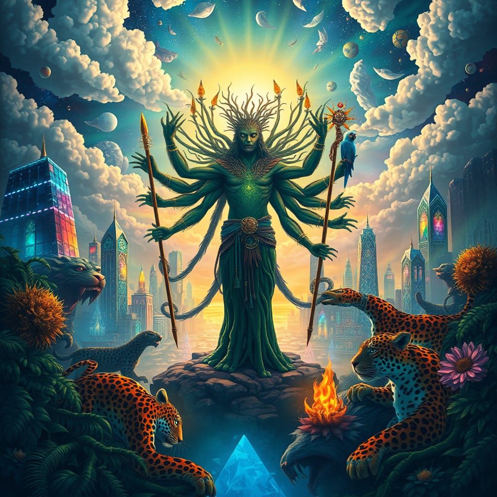 Celestial Leopard Shaman in Ethereal Cityscape