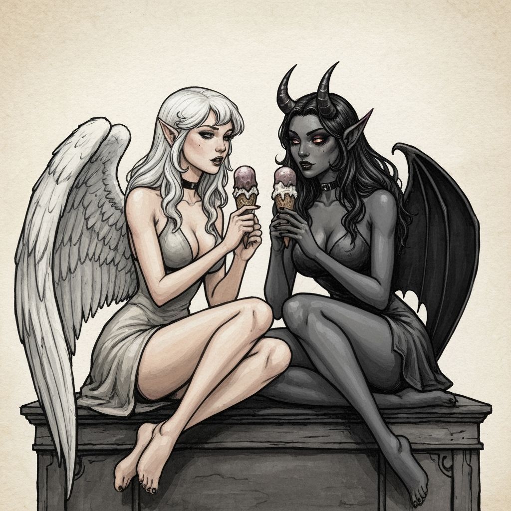 Angel and Demon Friends Enjoying Ice Cream in Gothic Style