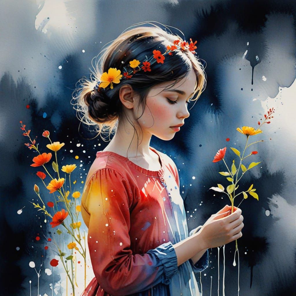 Ethereal Young Girl Silhouette in a Garden of Wildflowers