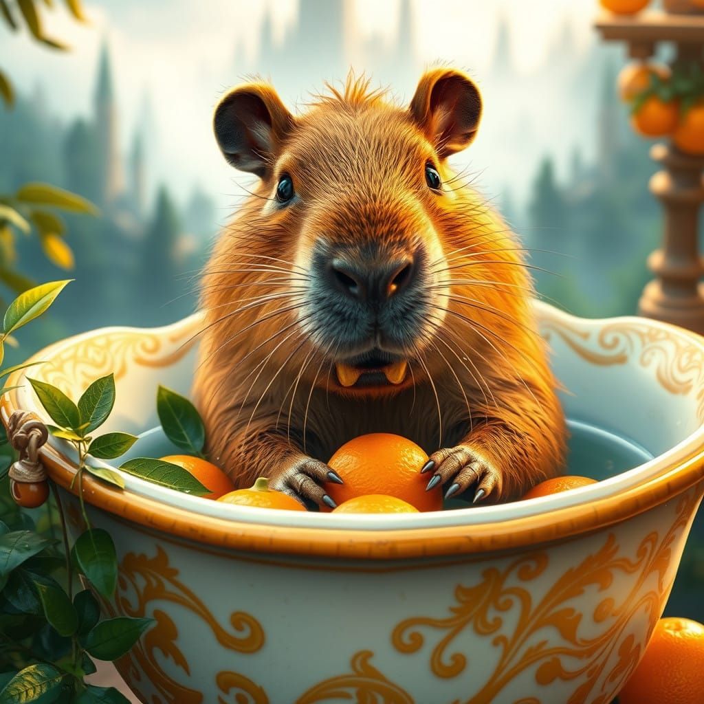 Whimsical Capybara Soaks in Vintage Tub with Oranges