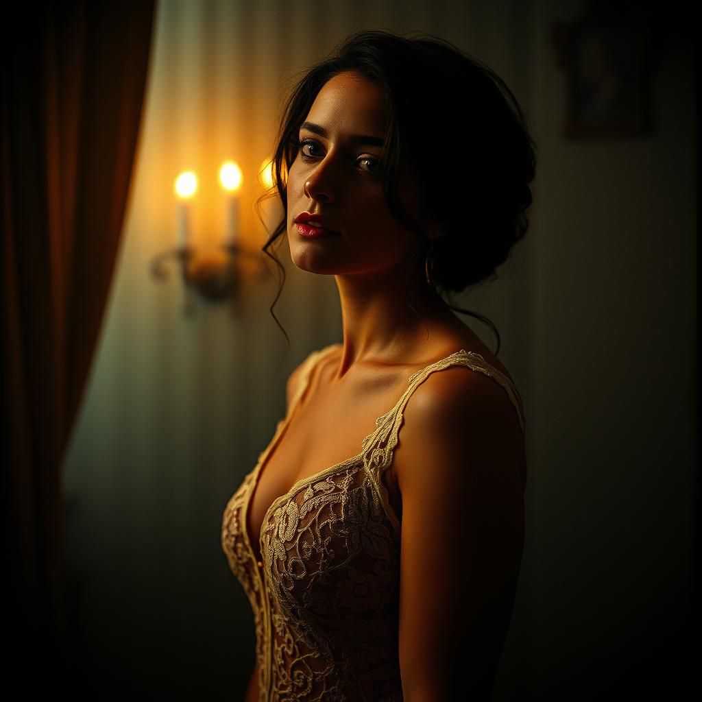 Cinematic Portrait of Woman in Lace, Oil Painting Style