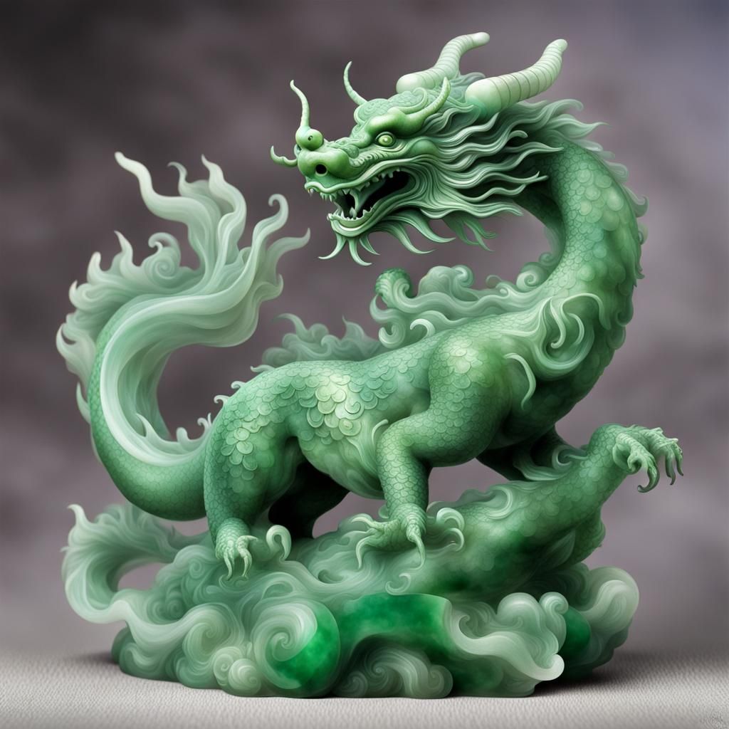 Green Jade Chinese Dragon Statue in Ethereal Mist