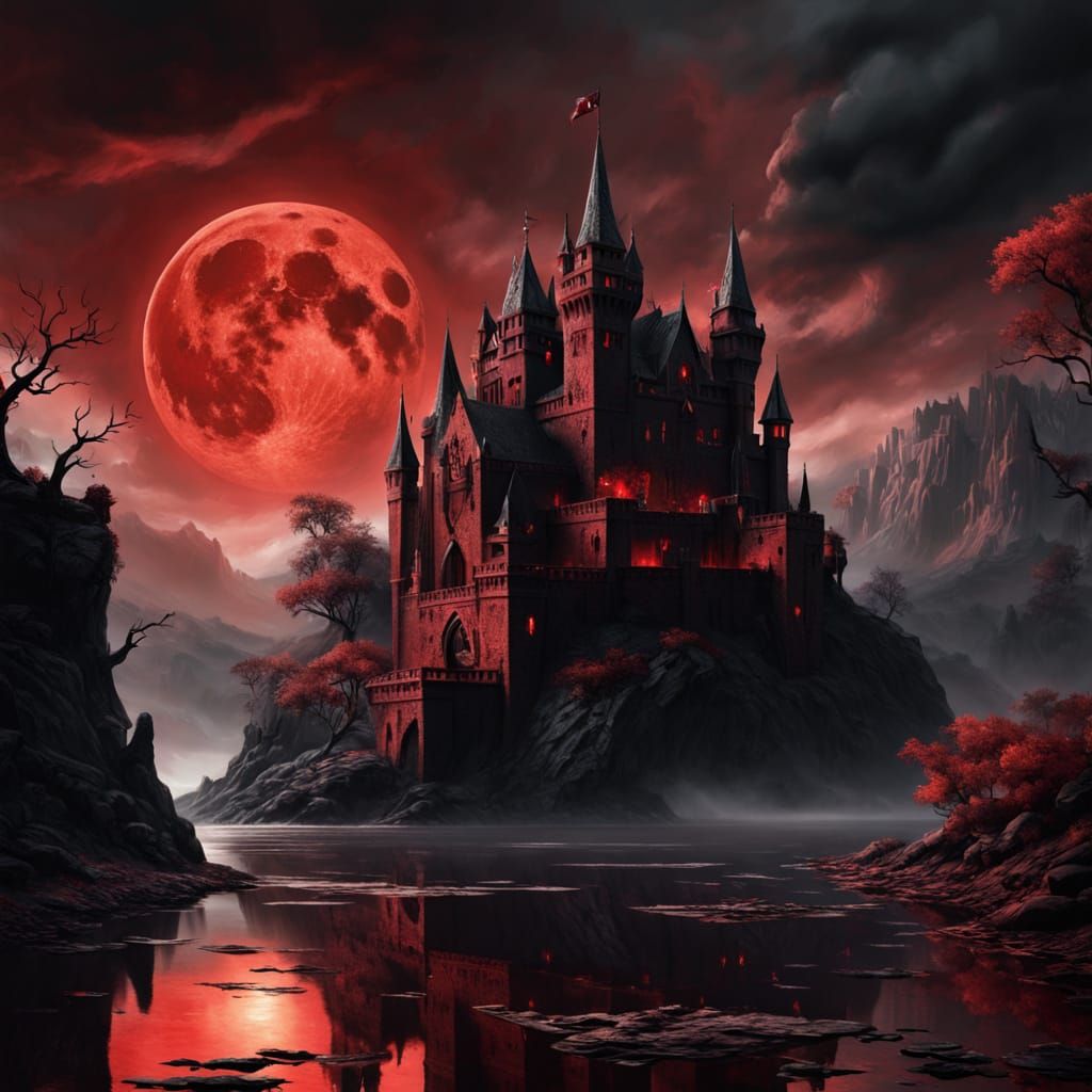 Gothic Bloodmoon Castle and Pirate Ship on Crimson Lake