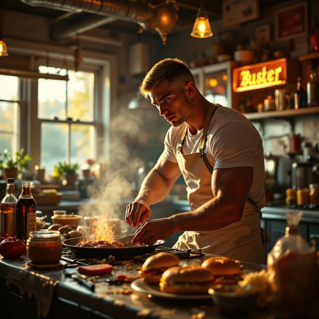Fraternity Brother Flips Burger in Cozy, Futuristic Kitchen