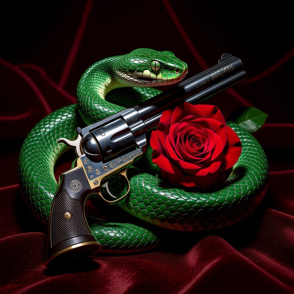 Coiled Viper on Antique Guns with Red Rose