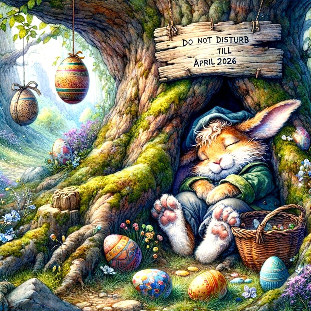 Fantasy Watercolour Easter Scene with Sleeping Bunny