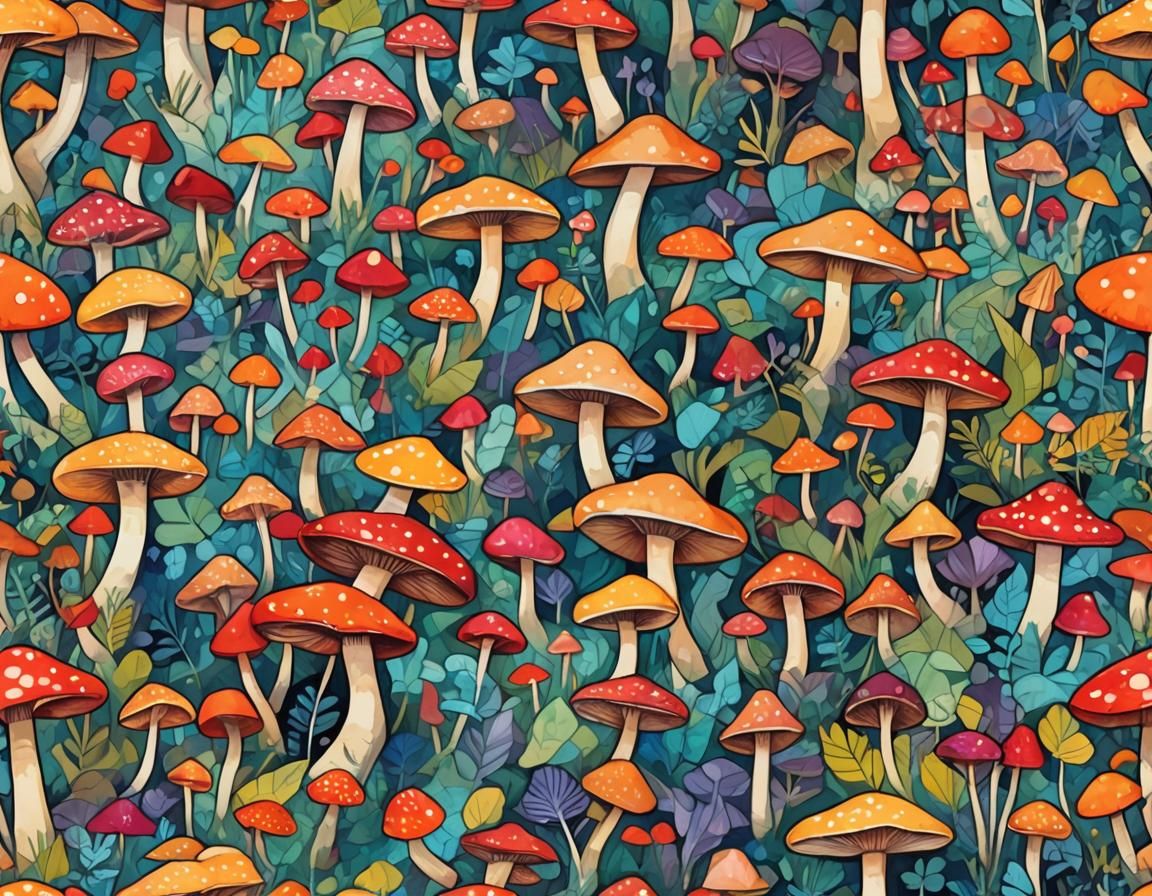 Vibrant Cubist Mushrooms Art