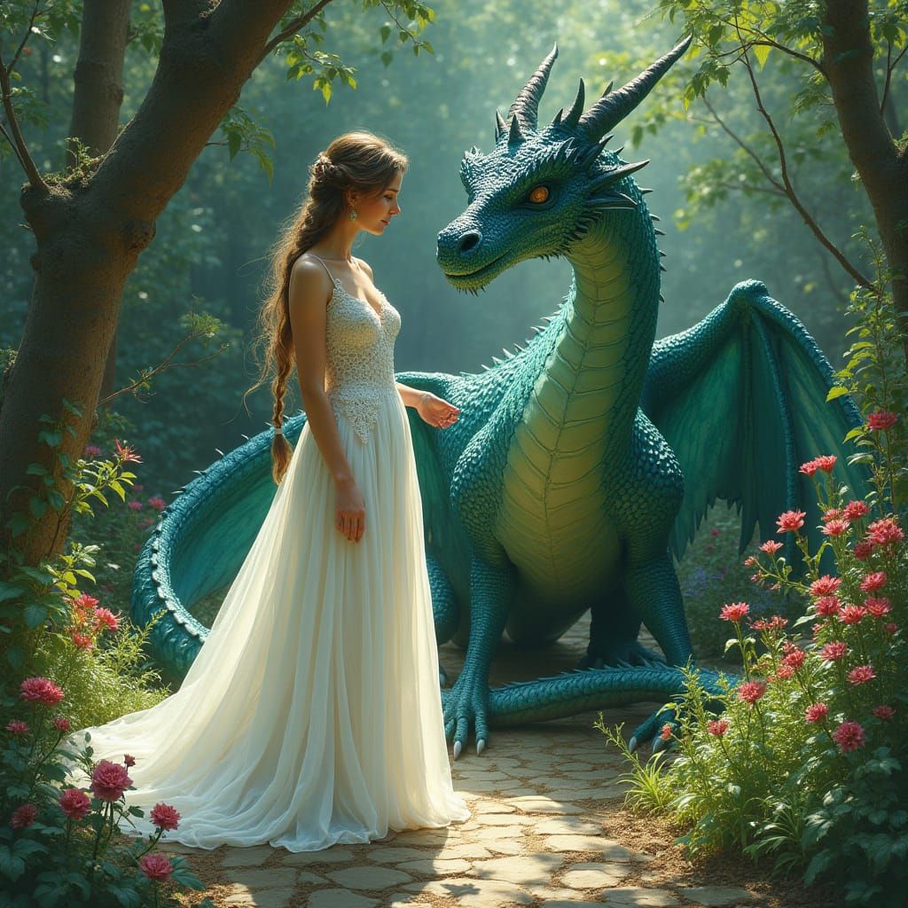 Elegant Lady in Lush Garden Engages Majestic Dragon in Seren...