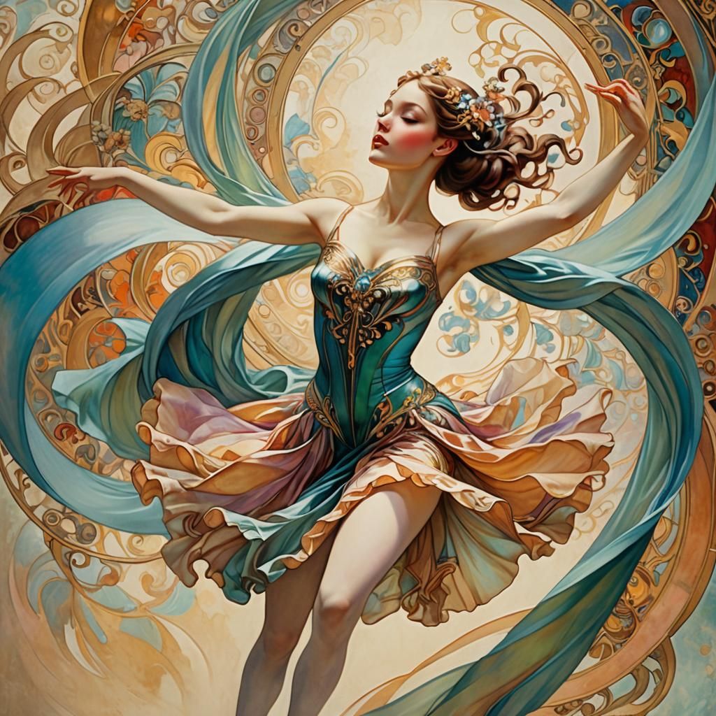 Ballerina in Mid-Leap: An Art Nouveau Vision