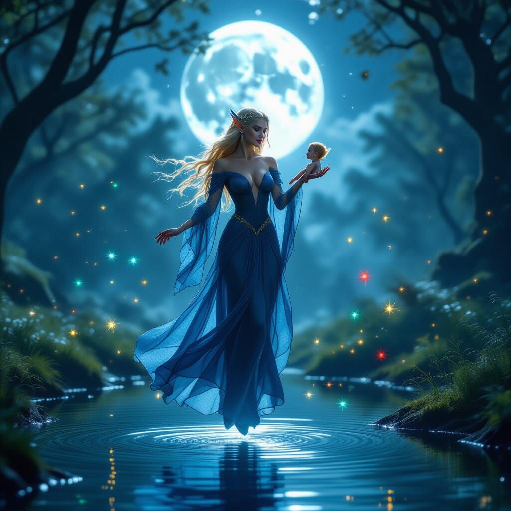 Fairy Queen Levitation in Moonlit Forest