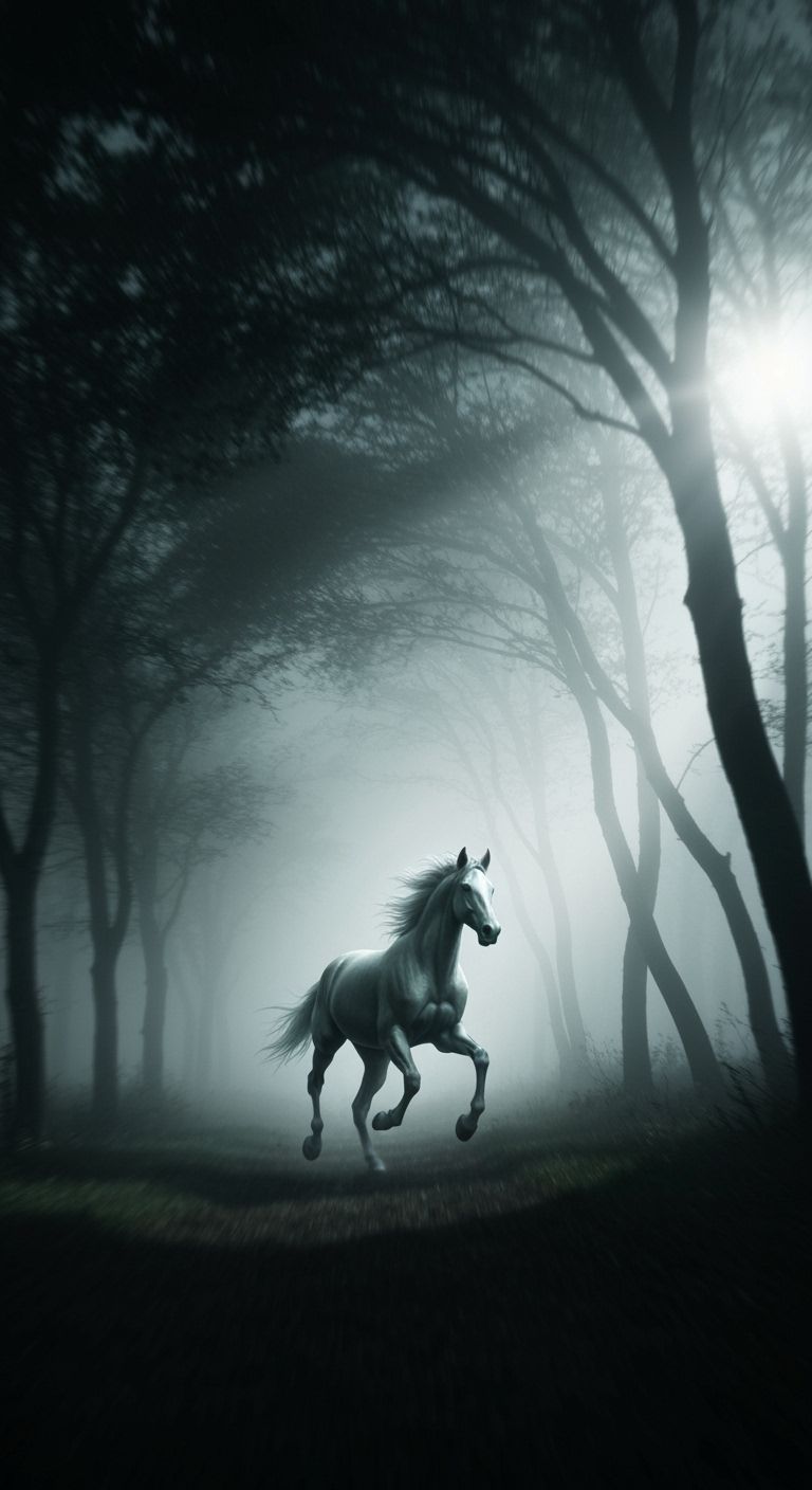 Spectral Horse Gallops Through Moonlit Foggy Forest Path