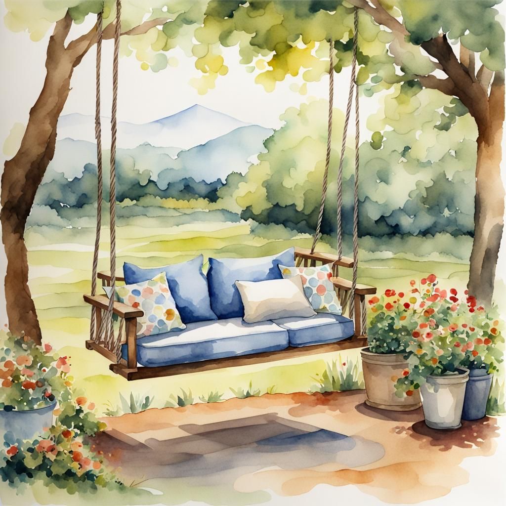 Watercolor Swing with Pillows: Relaxing Outdoor Scene