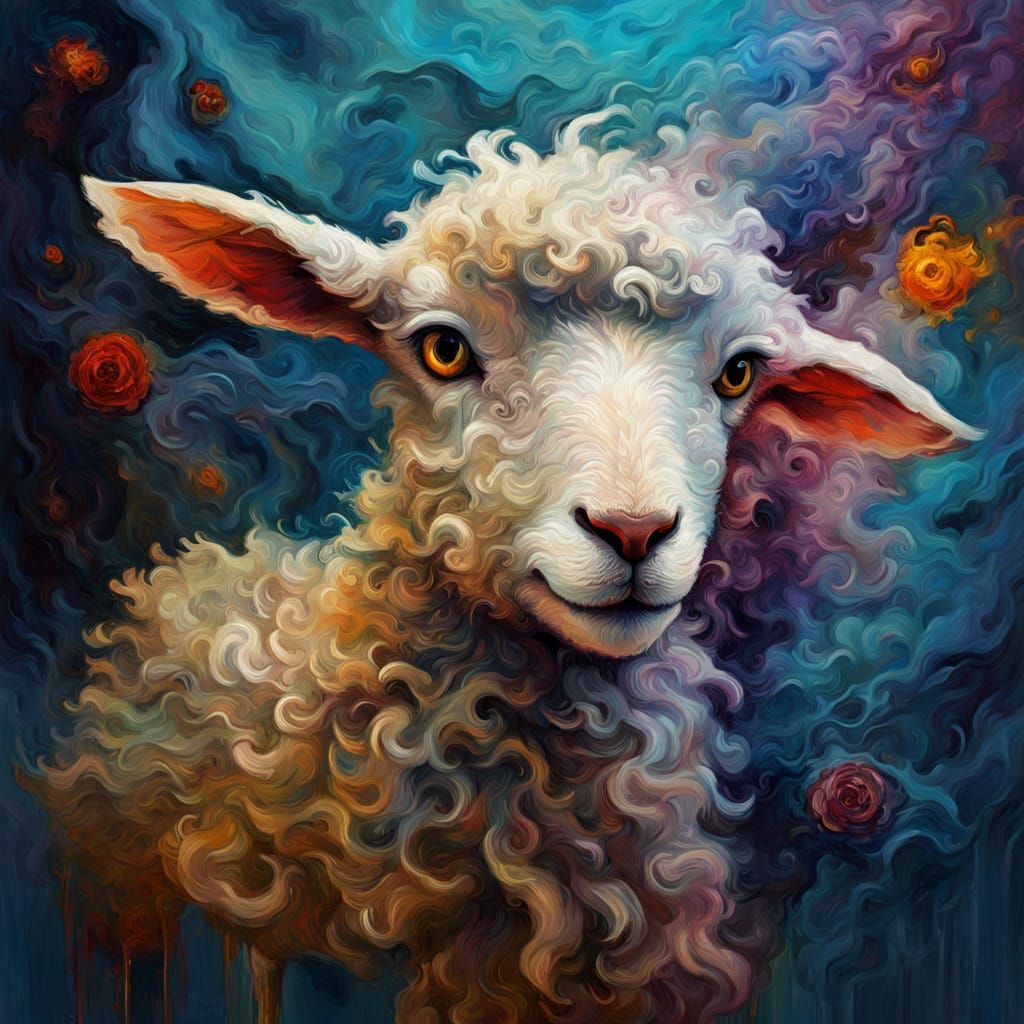 Anxious Lamb Meets Explorer in Surreal Oil Painting