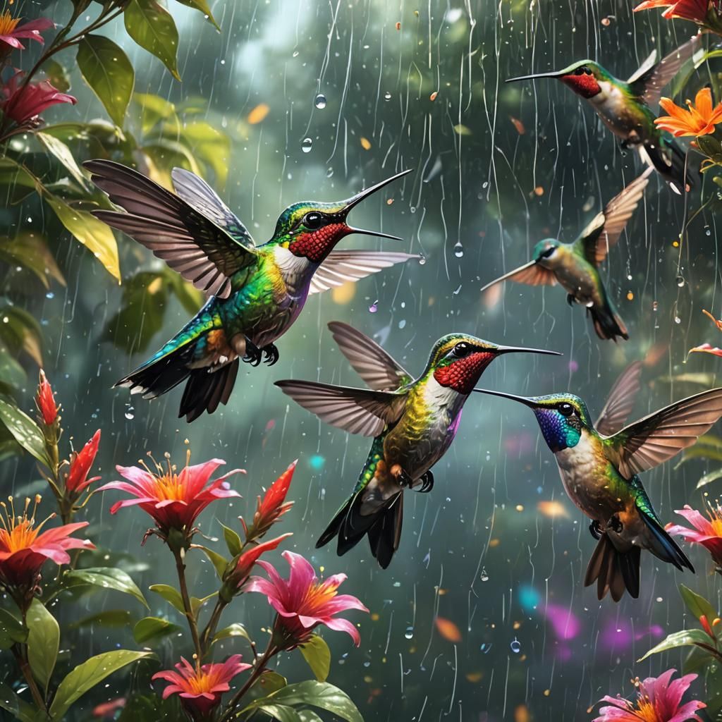 Iridescent Hummingbirds in Colorful Rain, Splash Art