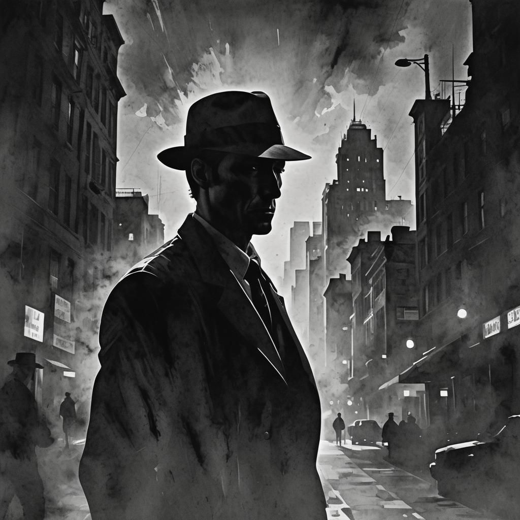 Noir Silhouette in Urban Landscape, Graphic Novel Style