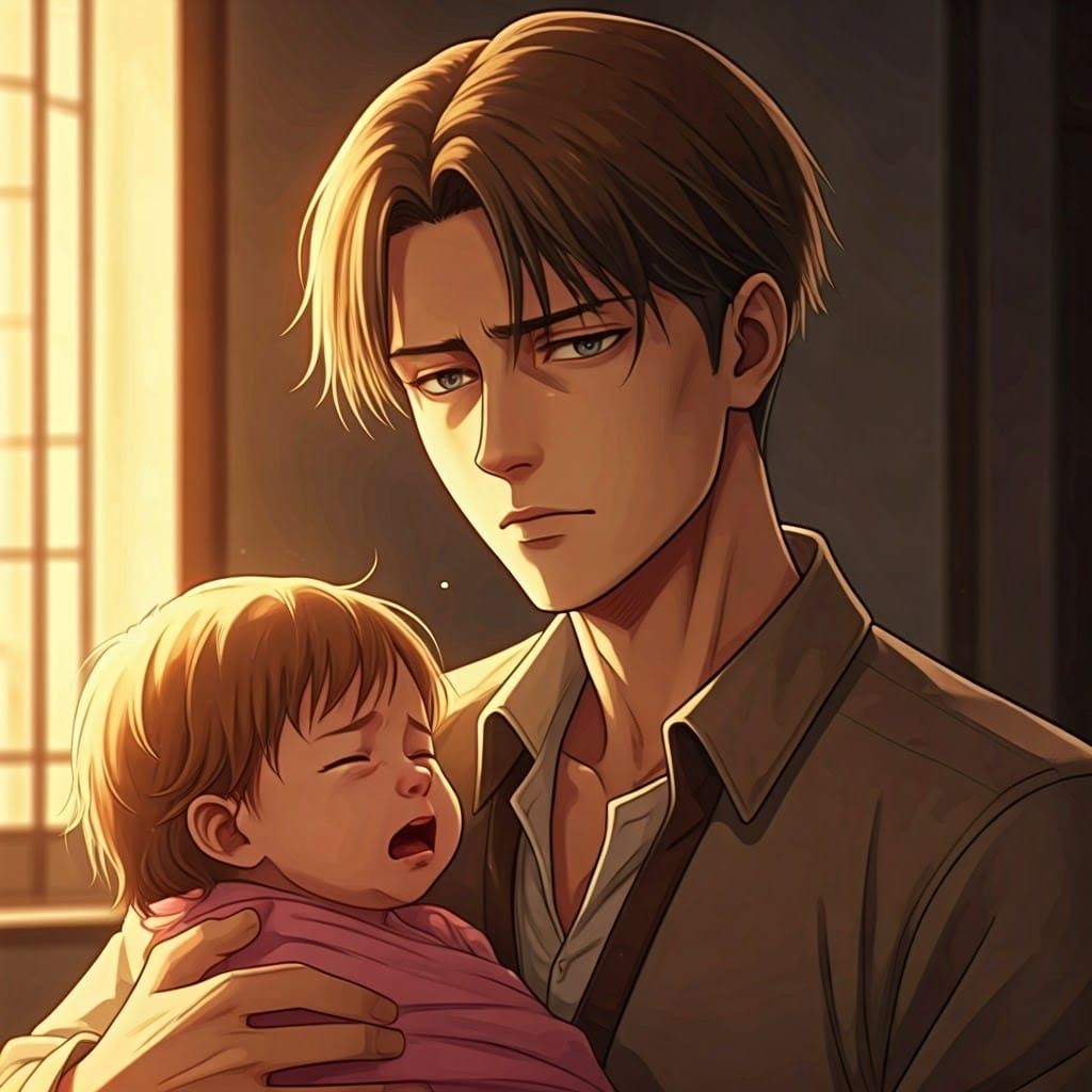 Levi Ackerman Cradling Newborn Baby Girl: Anime Style
