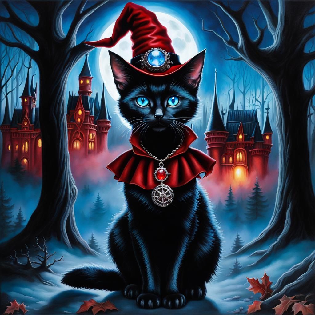 Steampunk Kitten Witch in Spooky Forest Airbrush Painting
