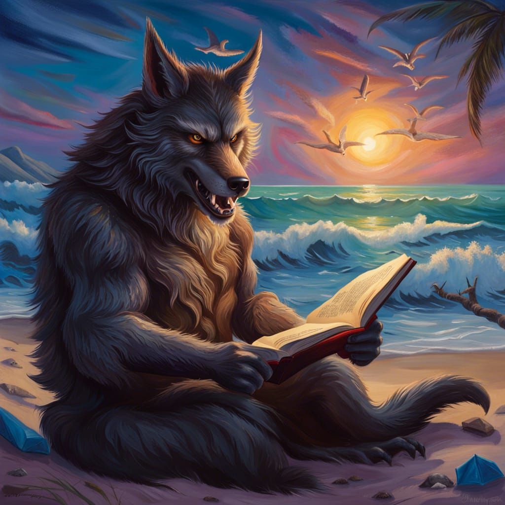 Whimsical Werewolf Beach Reader in Oil Painting Style