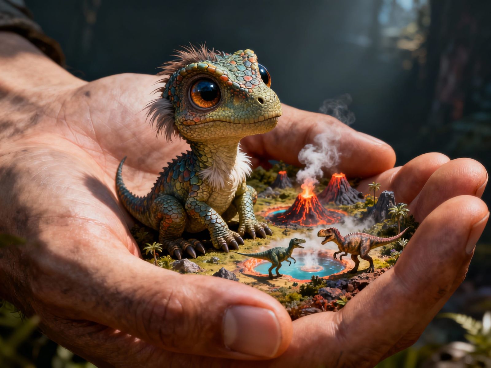 Hyperrealistic Baby Dinosaur in Hand with Miniature Landscap...