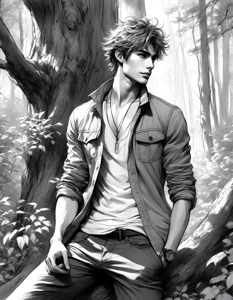 Anime Guy Portrait in Sunlit Forest Sketch