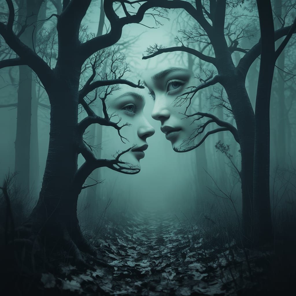 Monochrome Forest Face Illusion in Black and White Style