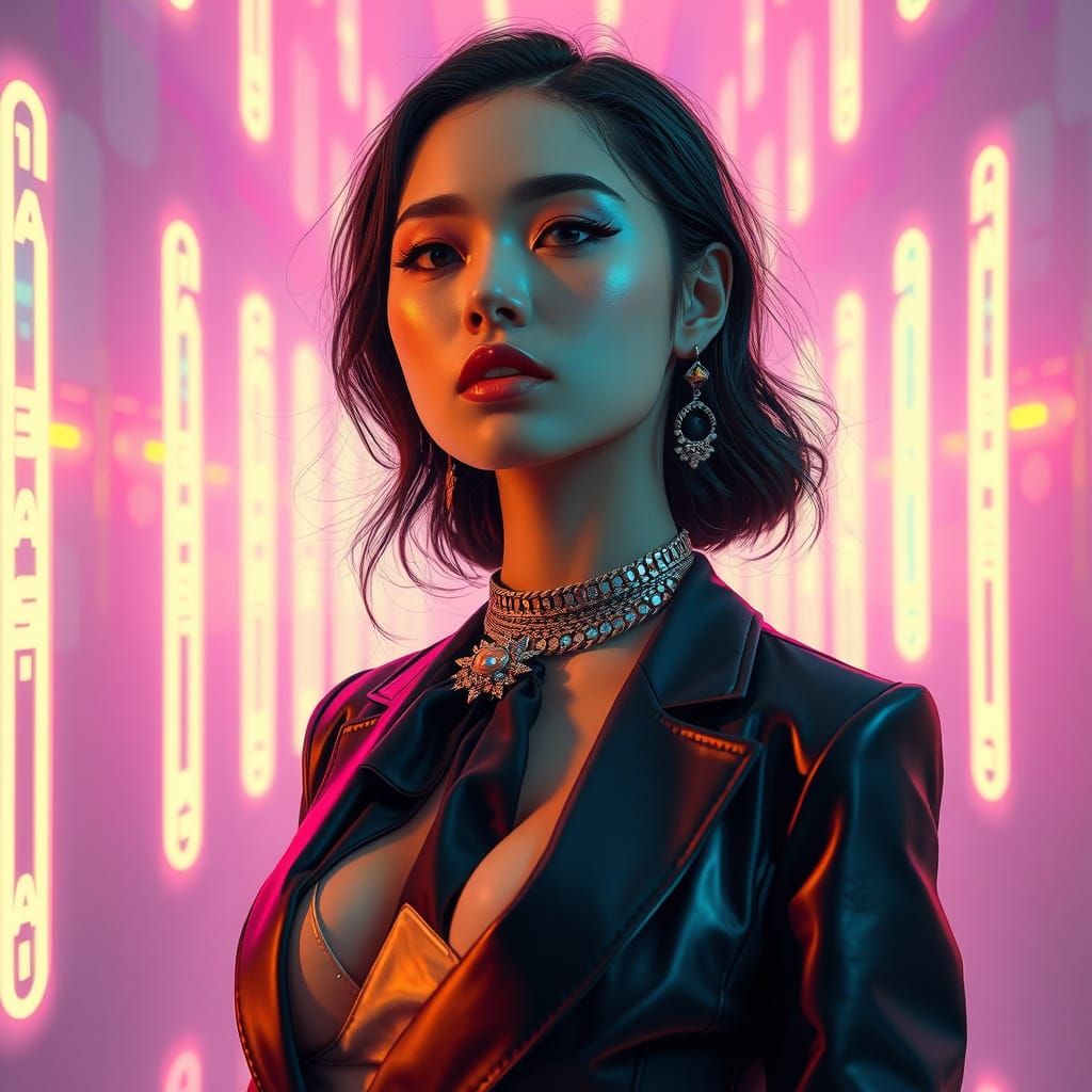 Neon Glyphs Surround Stunning Woman: Digital Art