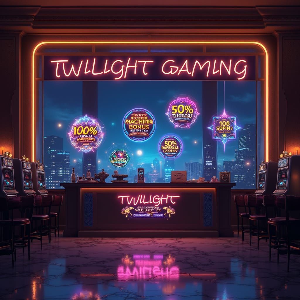 Twilight Gaming Casino at Night, with Neon Lights and Luxuri...