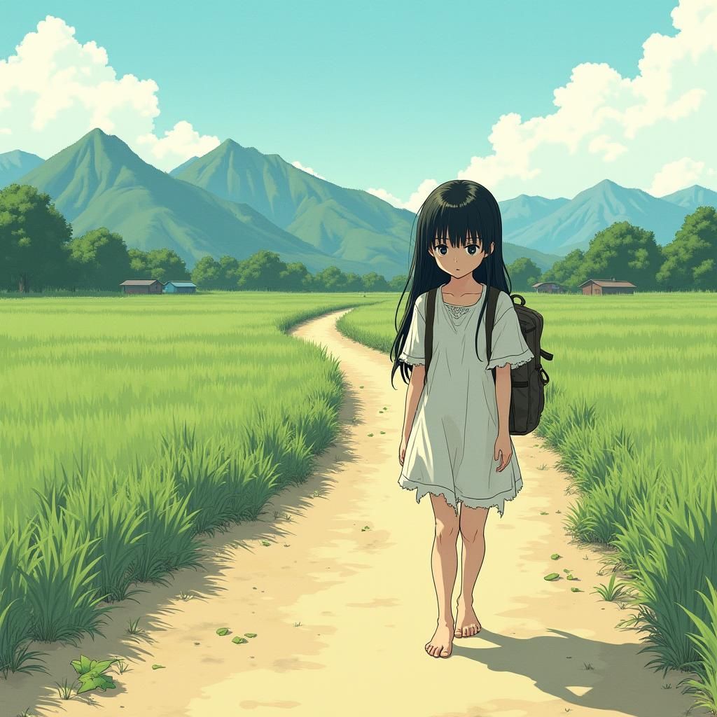 Manga Style: Barefoot Girl on Rural Path