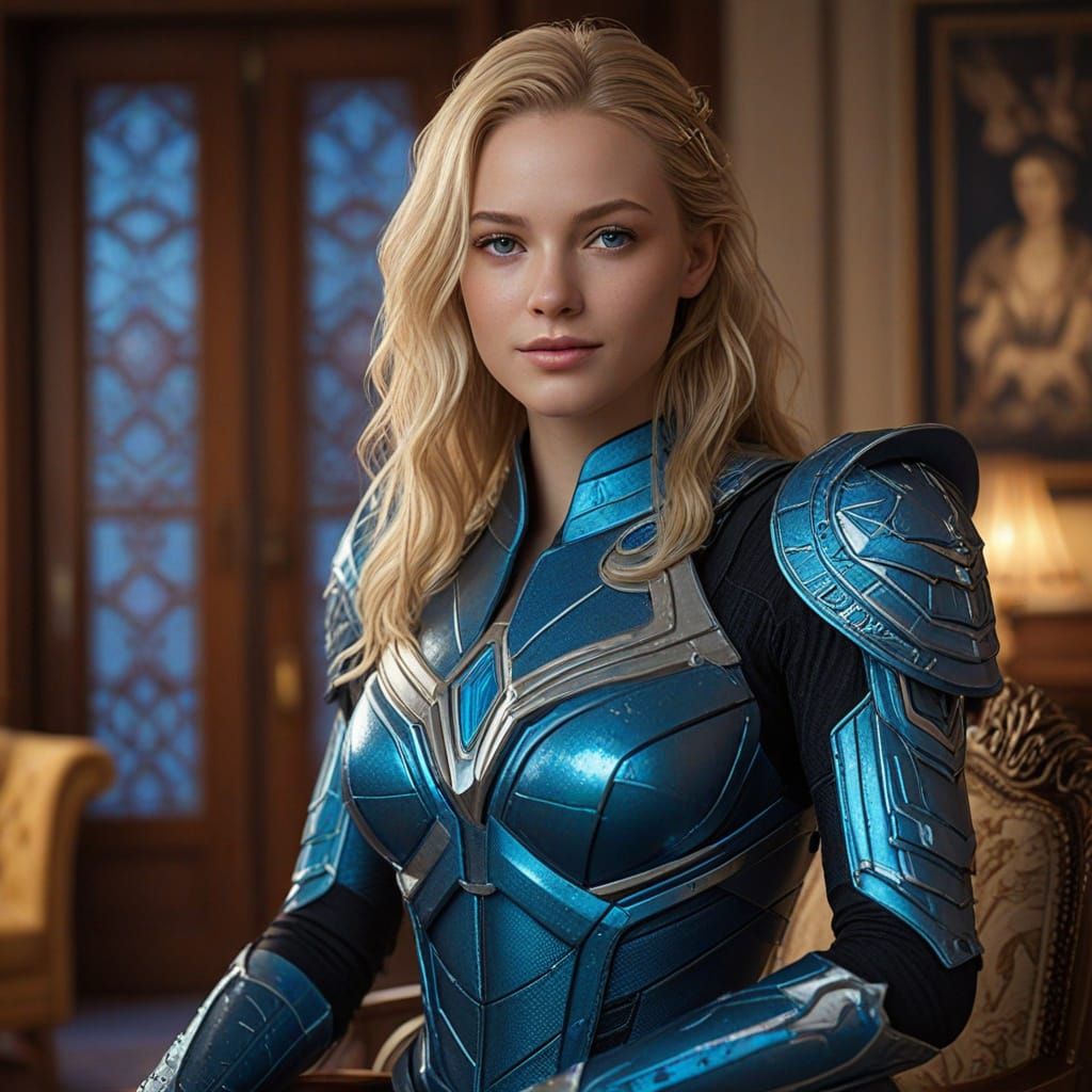 Pleiadian Commander in Opulent Room, Vibrant Digital Art