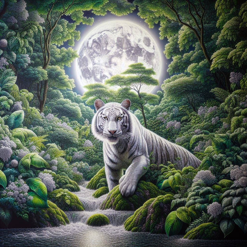White Tiger Emerges Under Moonlight: Hyperrealistic Maximali...